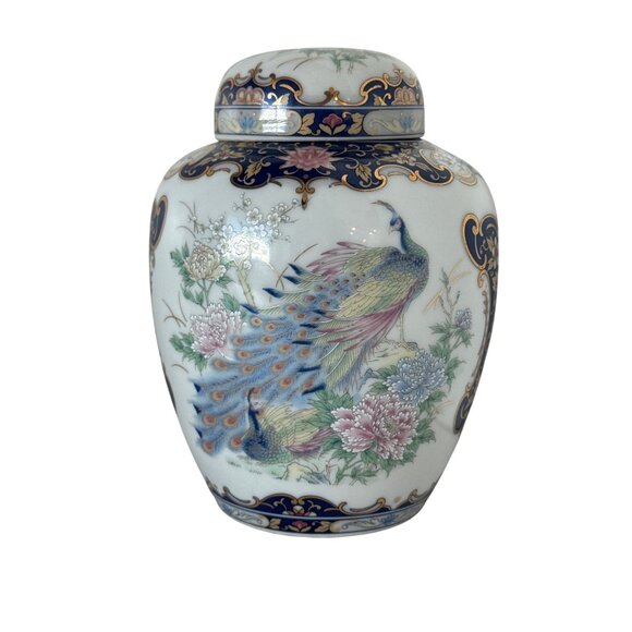 vintage Porcelain Ginger Jar Peacock & Floral Design Lid Blue/Gold Accents Asian - Picture 1 of 9